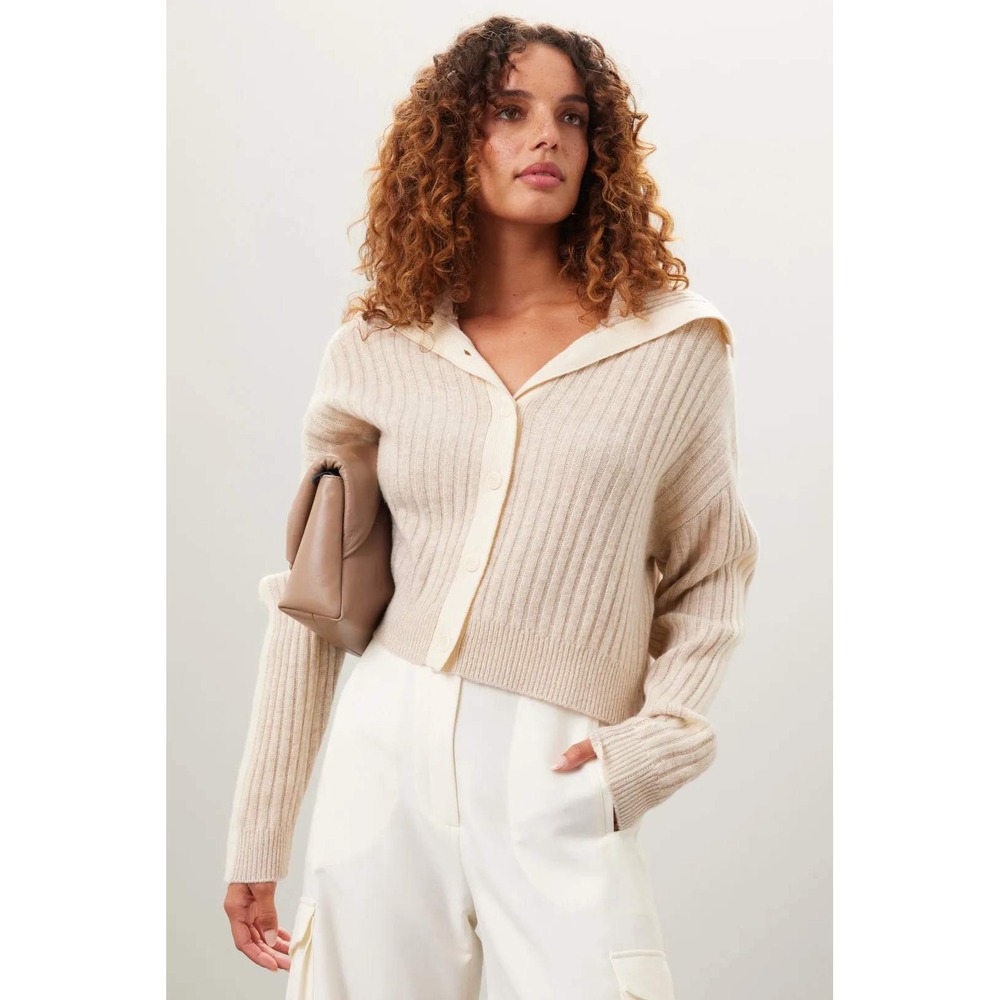 Naadam Wool Cashmere Ribbed Sailor Collar Cardigan Sweater Oatmeal XS